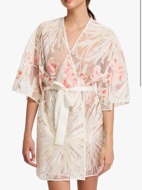 Ivory Satin Kimono Wrap Dress with Pink Floral Embroidery